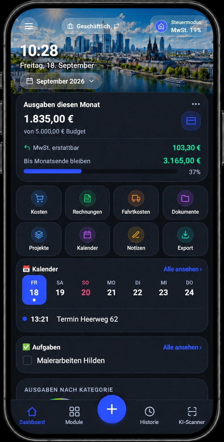 FirmaCenter Dashboard mit Monatsbudget und Wochenkalender