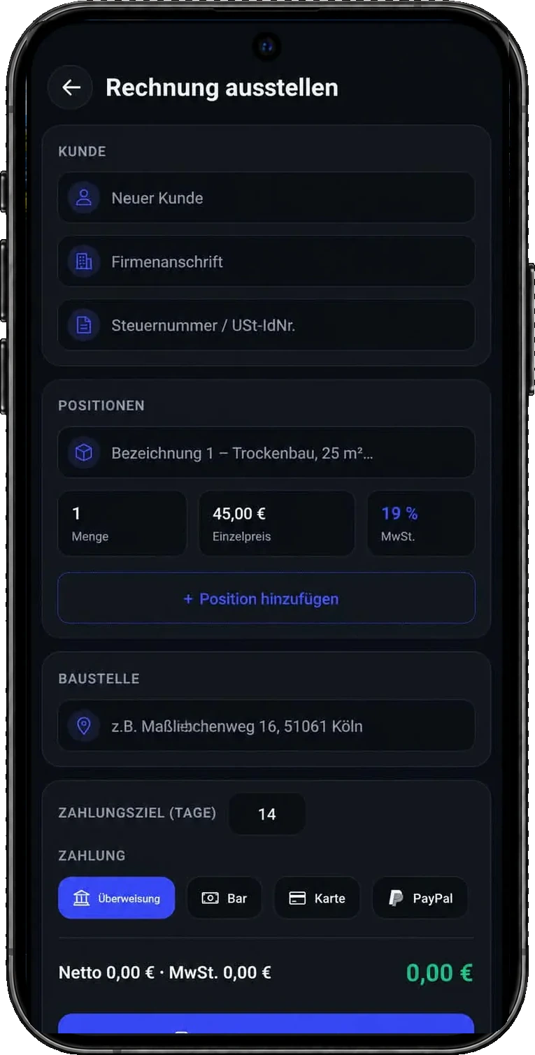Rechnungsmaske mit Kundendaten, Positionen, MwSt.-Satz und Zahlungsziel