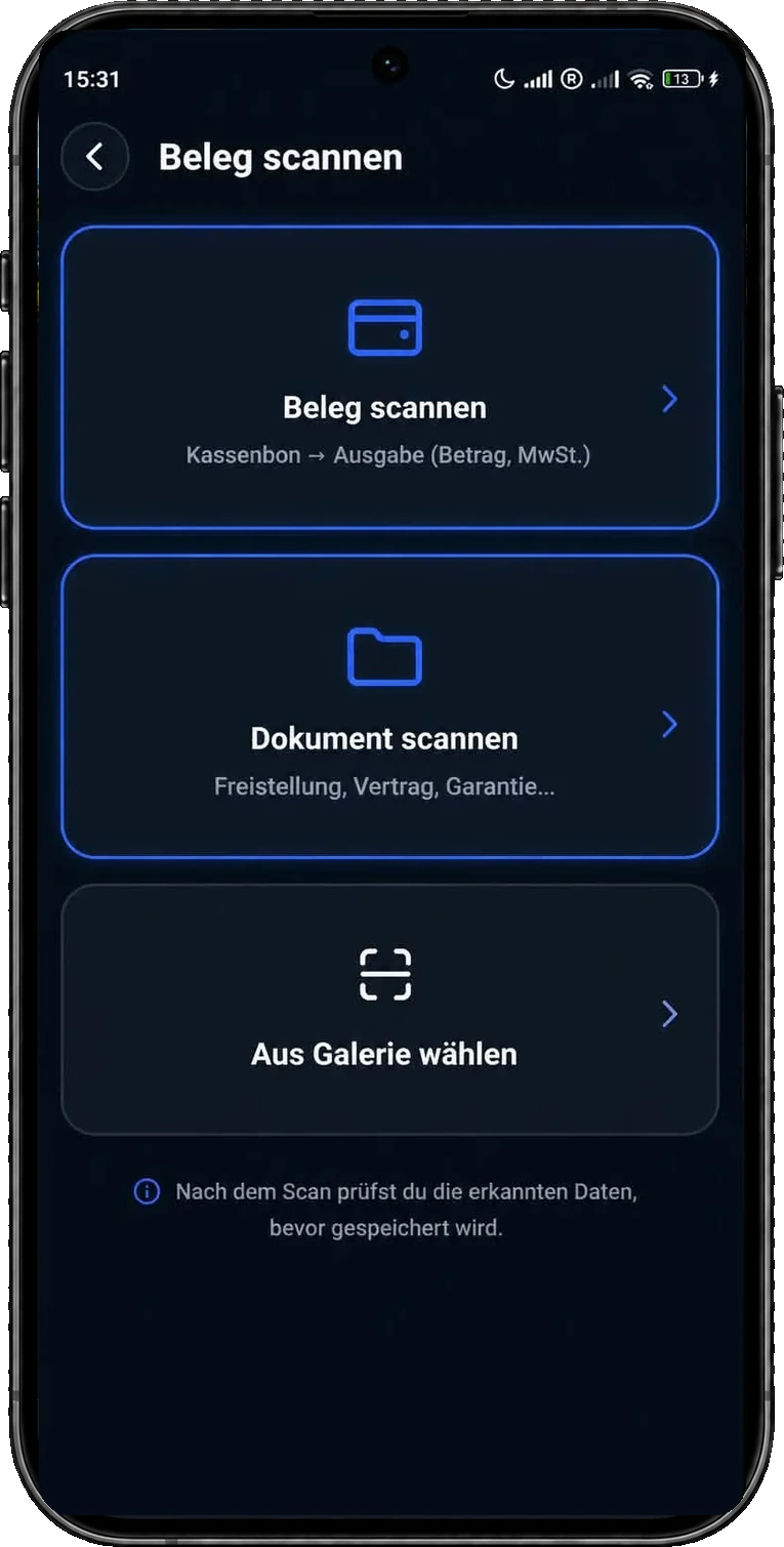 Scan-Auswahl in FirmaCenter: Beleg scannen, Dokument scannen oder aus der Galerie wählen