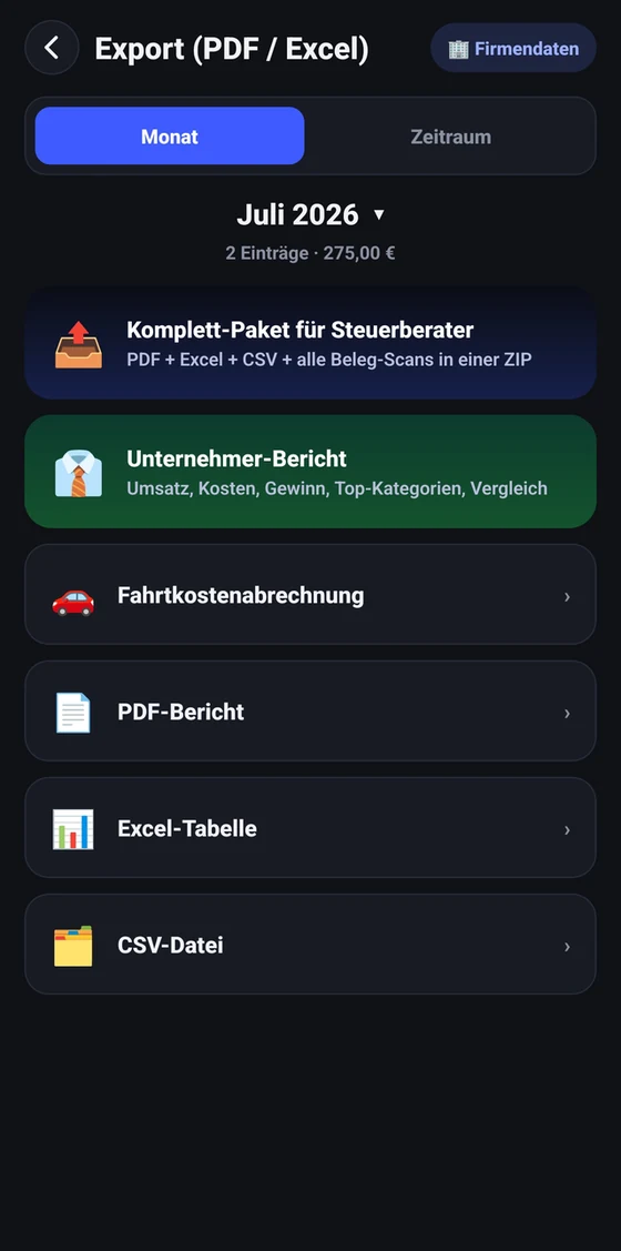 Exportdialog mit Auswahl von Zeitraum und Dateiformat