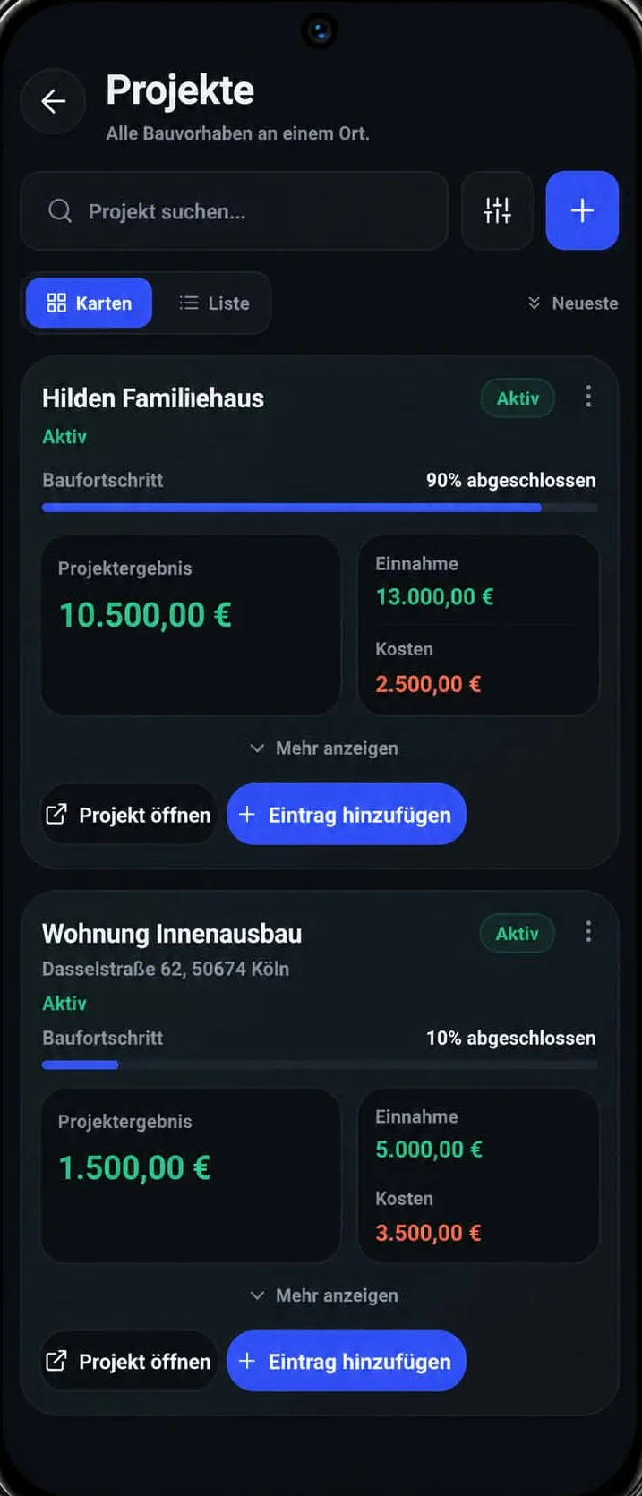 Projektliste mit Ergebnis, Umsatz, Kosten und Baufortschrittsbalken
