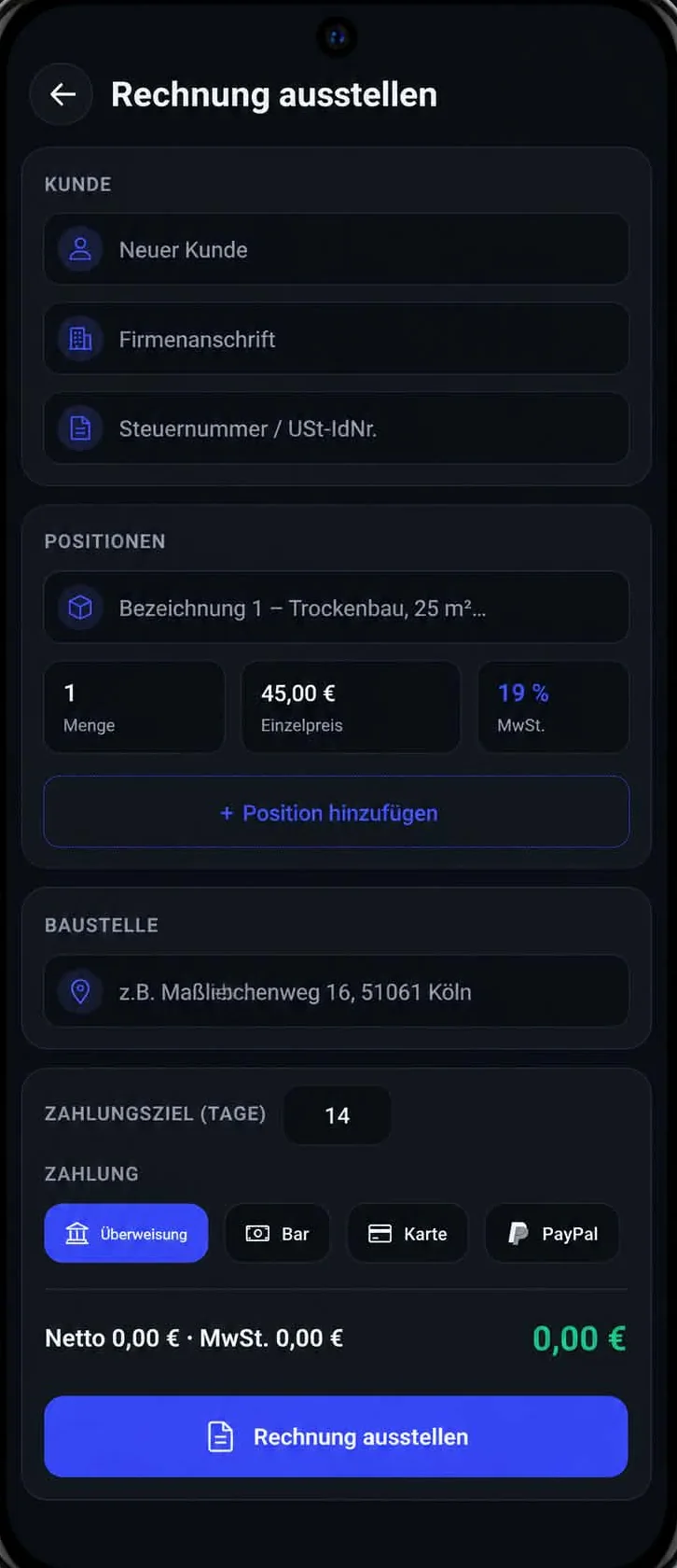 Rechnungsmaske mit Kundendaten, Positionen, MwSt.-Satz und Zahlungsziel