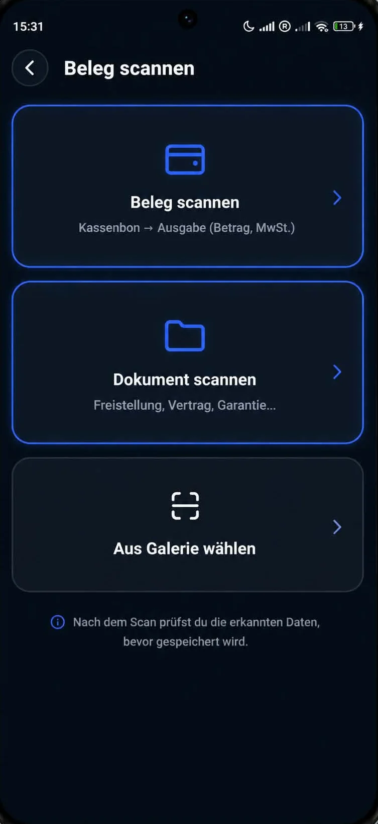 Scan-Auswahl in FirmaCenter: Beleg scannen, Dokument scannen oder aus der Galerie wählen